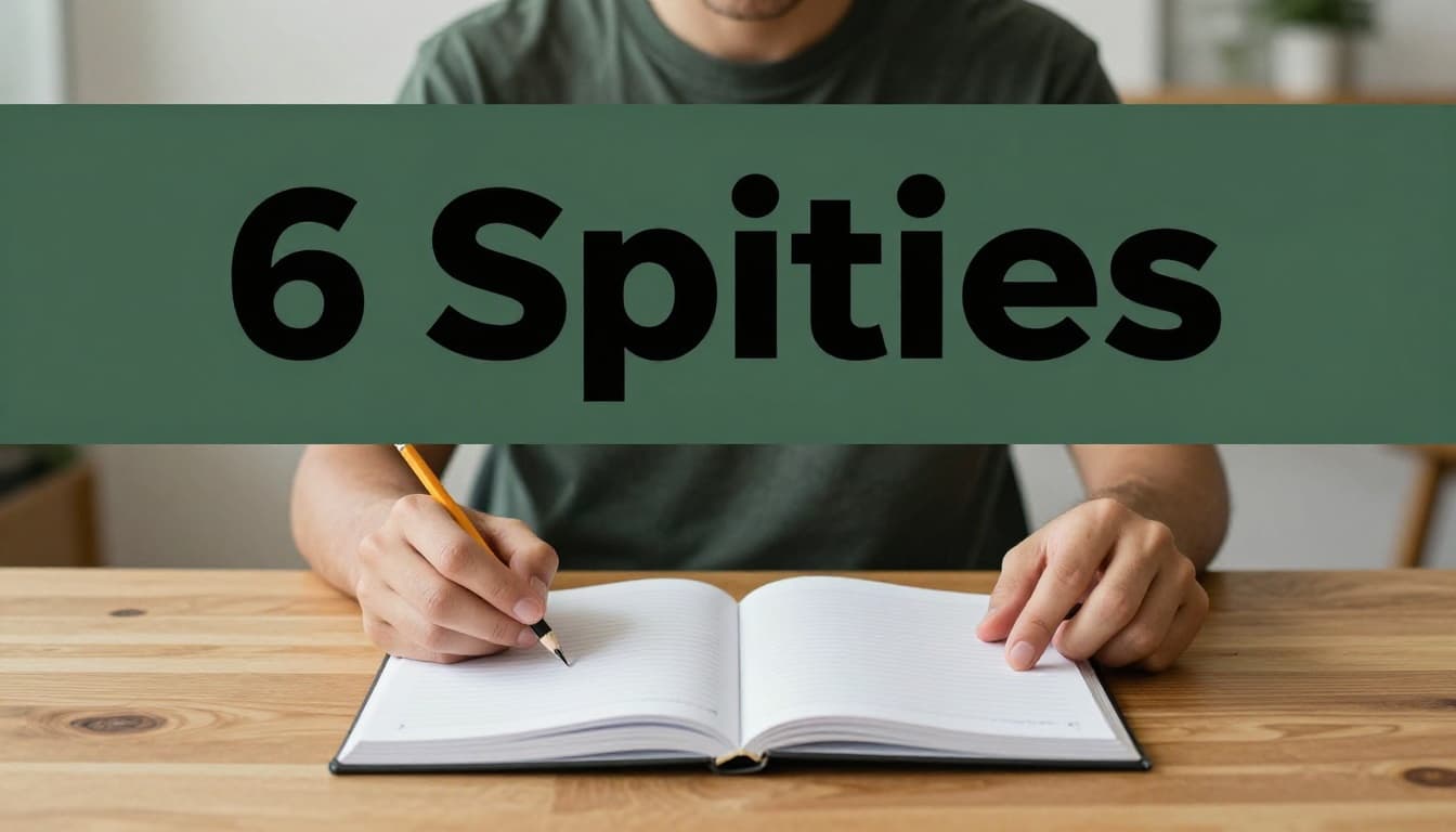 A single person sits relaxed at a wooden desk with a notebook open to numbered steps, pencil in hand, and a bold '6 Steps' headline on a muted dark-green band at the top, in a simple modern office with warm daylight lighting.