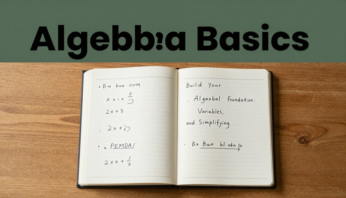 Bold 'Algebra Basics' headline on a muted dark-green band at the top, featuring an open math notebook on a wooden desk with handwritten variables like x and y, simple expressions such as 2x+3, and highlighted PEMDAS acronym in soft natural daylight.