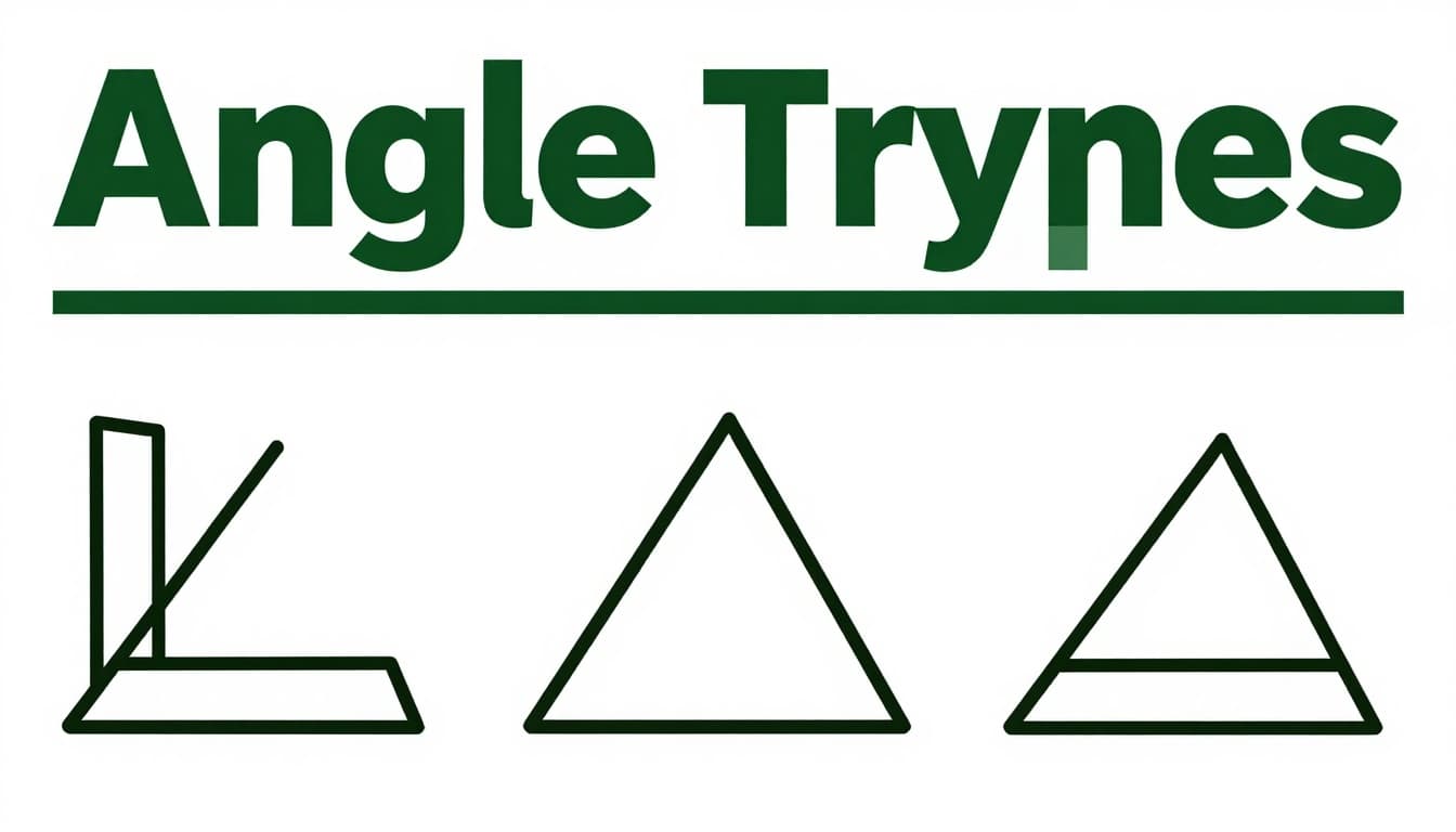 Illustrations of acute angle as sharp pizza slice, right angle as book corner L-shape, and obtuse angle as open door wedge, arranged side by side on clean white background with bold 'Angle Types' headline on muted dark-green top band.