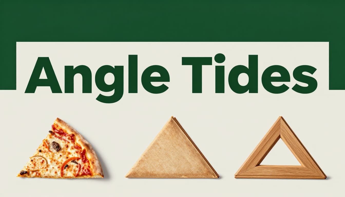 Clean visual examples of angle types: sharp acute pizza slice, right angle book corner, obtuse open door, and straight flat line on a neutral background with a bold 'Angle Types' headline in a muted dark-green band.