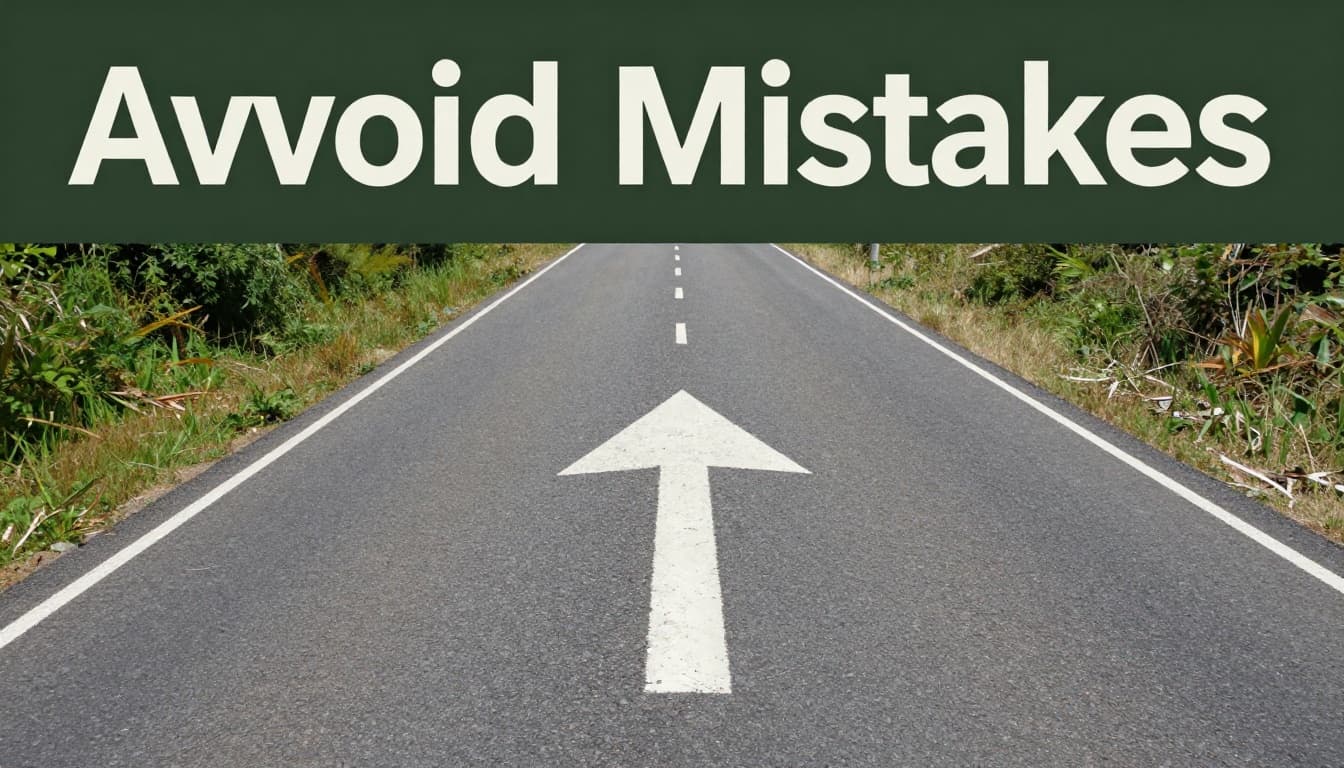 An abstract landscape road with pitfalls and obstacles bypassed by a simple arrow guiding to a centered safe path, topped by a bold 'Avoid Mistakes' headline on a muted dark-green band.