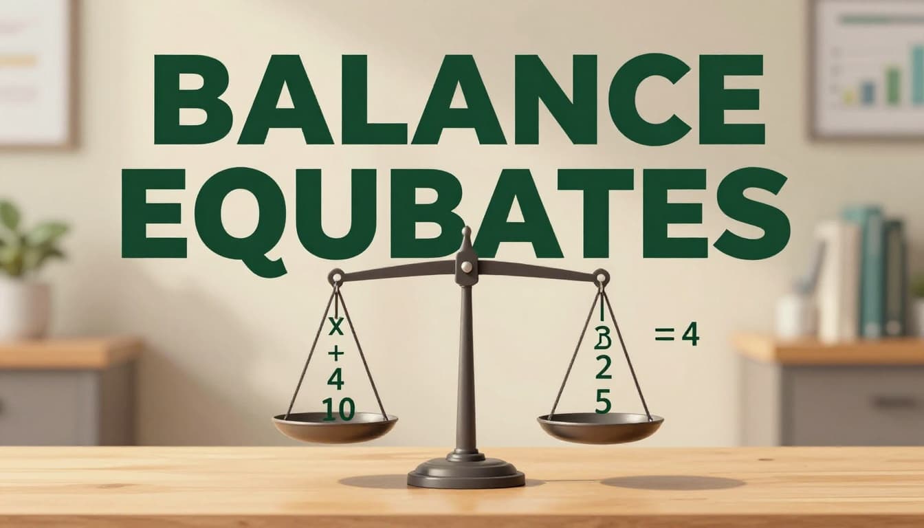 A balanced scale visualizes solving the equation 2x + 4 = 10, with the equation on the left pan and solution steps on the right pan using algebraic terms as weights, set on a simple office desk with warm lighting in a clean vector style. Bold headline 'Balance Equations' appears on a muted dark-green band at the top.