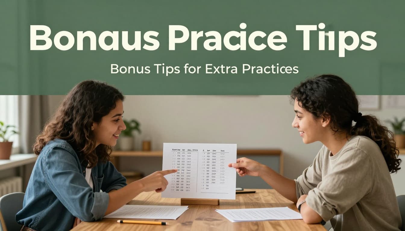 Two smiling students at a home table discuss a math problem with money addition on paper, gesturing casually in soft evening light. Bold 'Bonus Practice Tips' headline in geometric sans-serif on a muted dark-green top band.