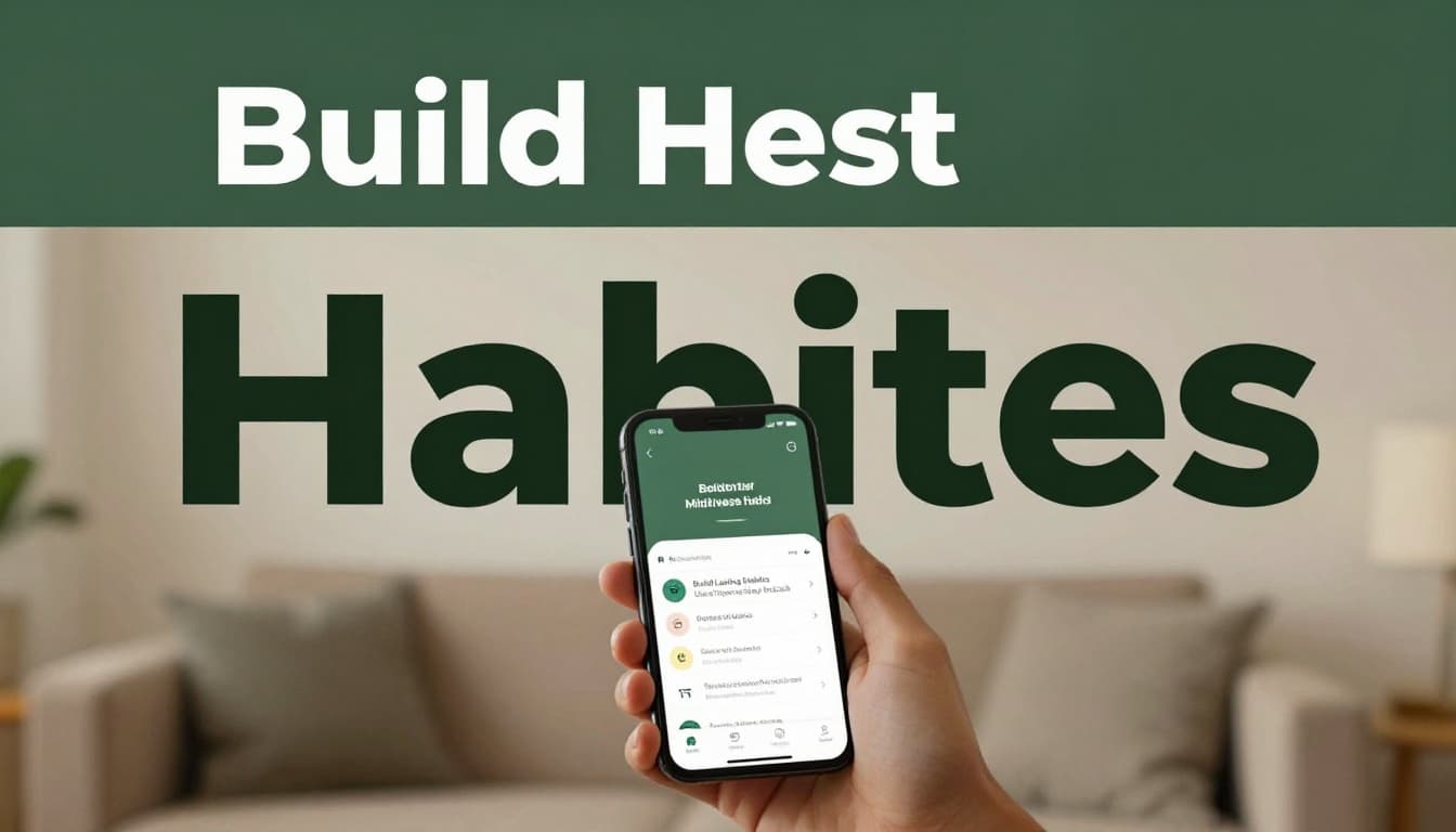 Smartphone screen showing a simple mindfulness app interface held relaxed in hand in a cozy living room with warm evening light, under bold 'Build Habits' headline on muted dark-green band.