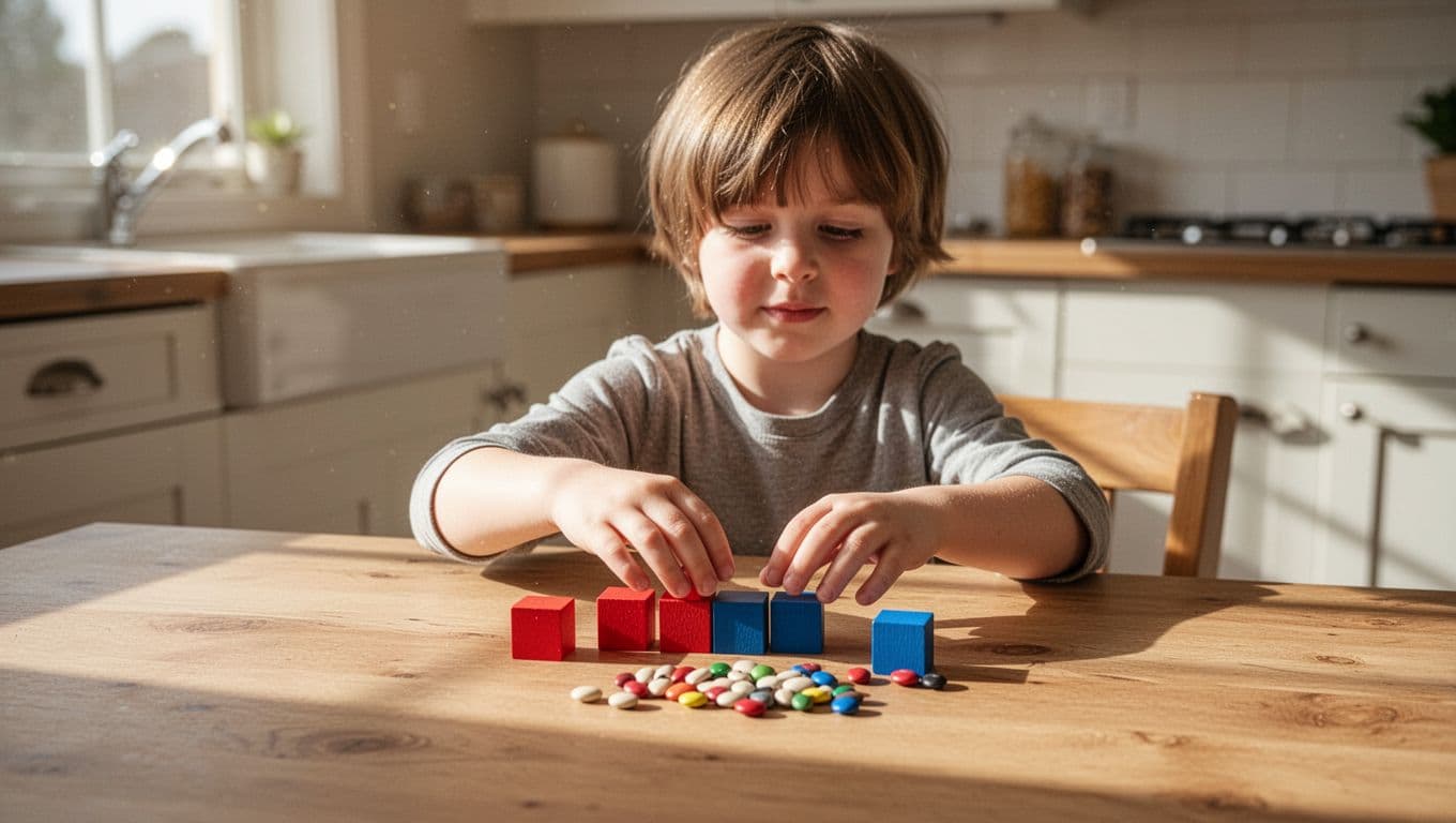 A young child with short hair sits at a wooden table in a bright kitchen, using colorful wooden blocks and beans to group items for addition, such as four red blocks plus three blue ones, in a clean realistic photo style with soft warm lighting and a bold 'Hands-On Basics' headline on a dark-green band at the top.