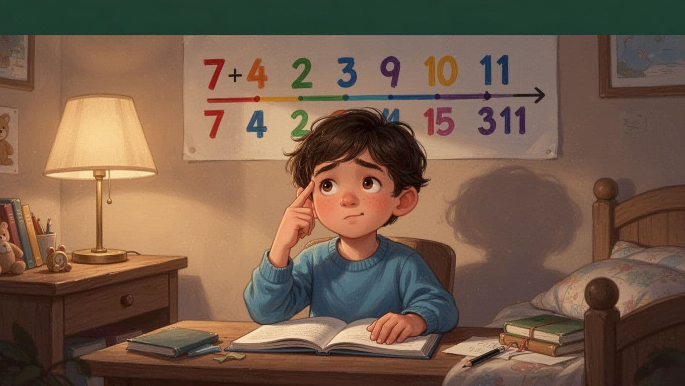 A child in a cozy bedroom study area under soft evening lamp light thinks with fingers on temple, visualizing a colorful number line on the wall counting from 7 to 11 for 7+4 addition. Realistic illustration in vibrant but soft lighting with bold 'Mental Tricks' headline in title case geometric sans-serif on muted dark-green top band.