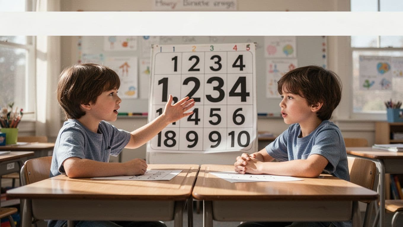 Two children in a classroom at a desk, one pointing to and reading aloud the number 1,234 on a chart with an open mouth, the other listening attentively, under soft natural light in realistic photo style. Bold 'Read Aloud' headline in white on a muted dark-green top band.