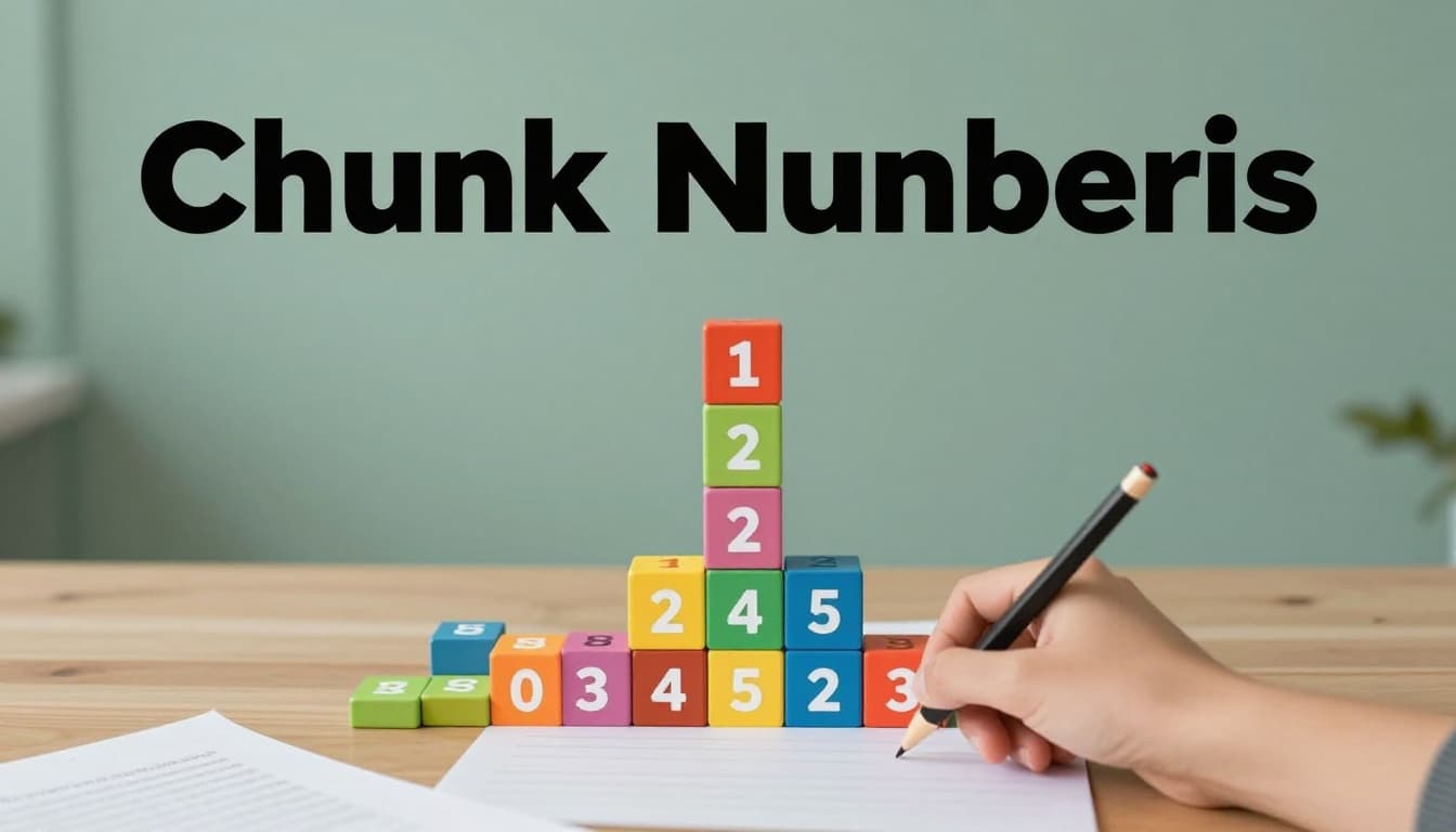 Illustration of numbers broken into place value chunks using colorful hundreds, tens, and ones blocks stacking to form an addition equation on a simple desk with paper and pencil.