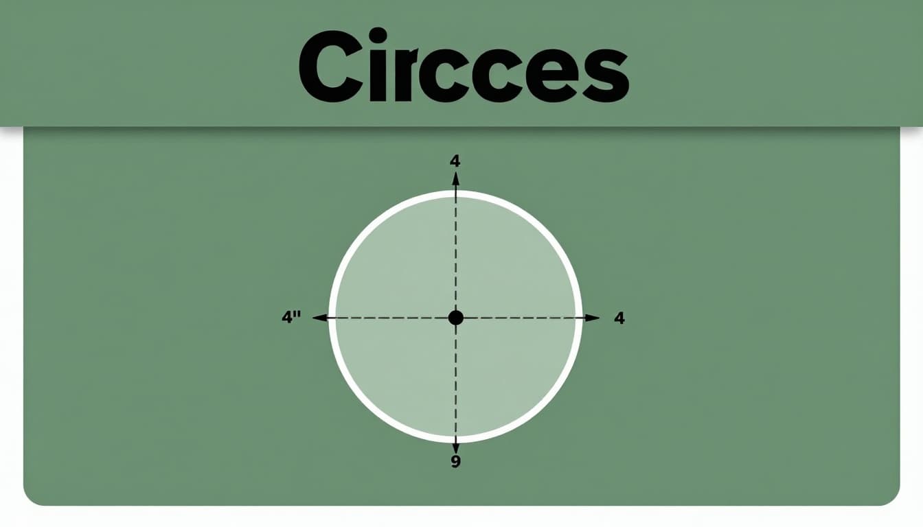Precise geometric diagram of a circle featuring a center dot, radius line to the edge, diameter across, circumference path, and shaded area, topped with a bold 'Circles' headline on a muted dark-green band.