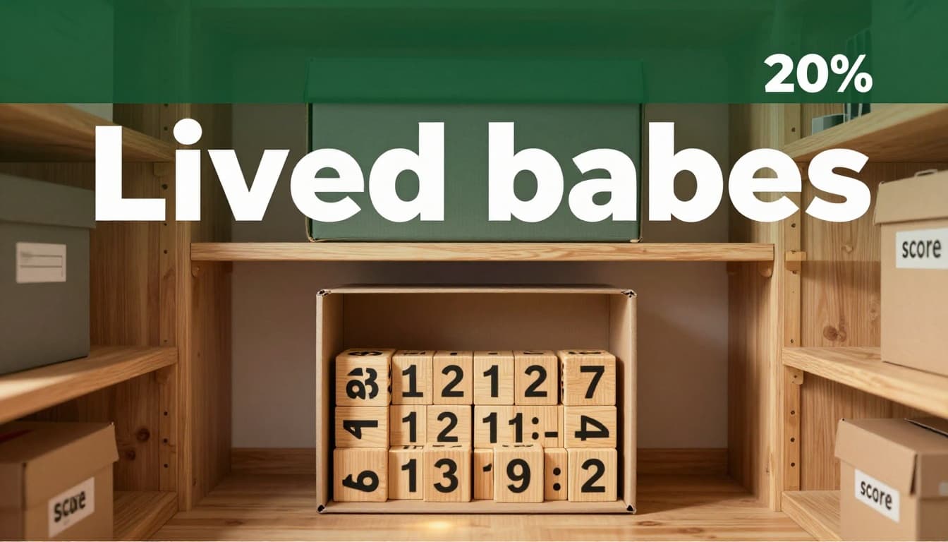 Cozy closet interior with wooden shelves lined with colorful boxes, featuring an open box labeled 'age' filled with wooden number blocks representing 12, and a nearby closed 'score' box, in warm lighting.