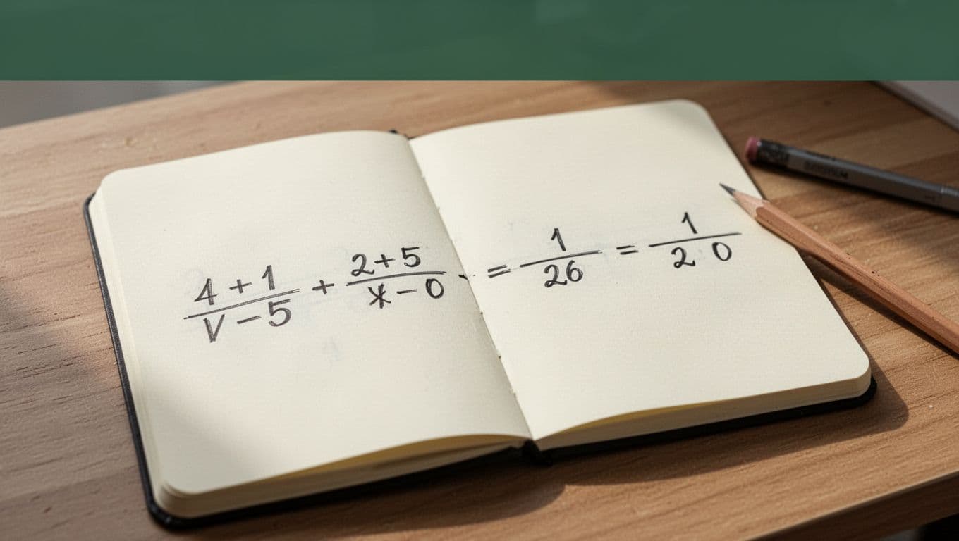Four basic decimal math operations—addition (1.23 + 4.5), subtraction (3.2 - 0.95), multiplication (0.4 x 0.3), and division (0.72 / 0.09)—displayed side by side on a desk notepad with a pencil nearby, in a clean realistic style under even lighting.