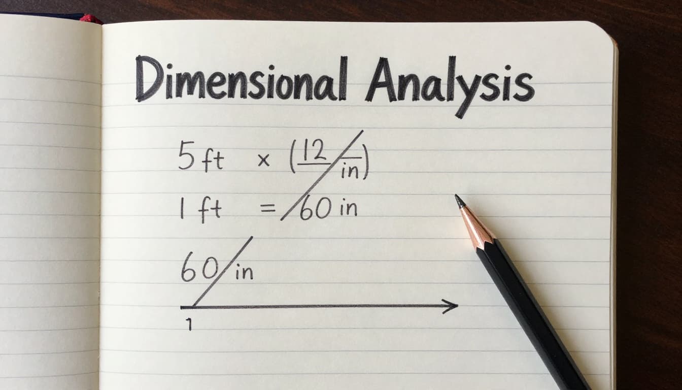 Notebook page open on a desk with handwritten dimensional analysis converting 5 ft to 60 in, units crossing out diagonally like 5 ft × (12 in/1 ft), arrows showing cancellation, pencil beside it, soft lighting, illustrative editorial style with bold 'Dimensional Analysis' headline.
