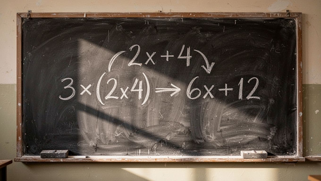 Step-by-step diagram on a chalkboard showing the distributive property: 3(2x + 4) expands to 6x + 12 with arrows, under a bold 'Distribute First' headline on a dark-green band, in a simple classroom style.