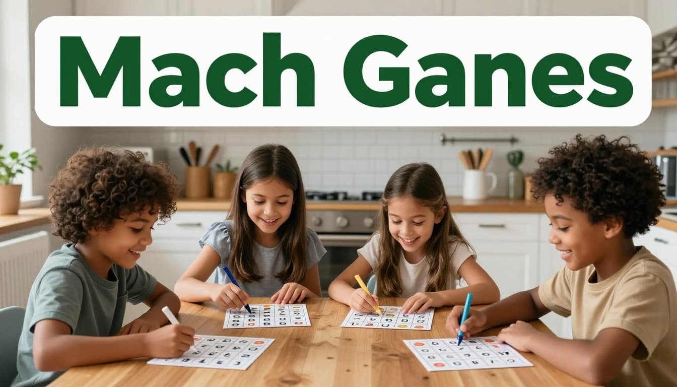 A joyful family of four, two adults and two kids, seated at the kitchen table playing math bingo with cards and markers in a homey kitchen under evening light, photo-realistic style.