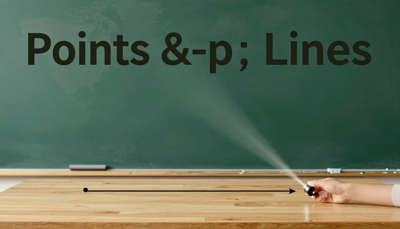 Everyday objects demonstrating fundamental geometry elements: a dot on a paper map as a point, straight infinite road as a line, flashlight beam as a ray, and flat wooden table as a plane, arranged simply in a bright room.