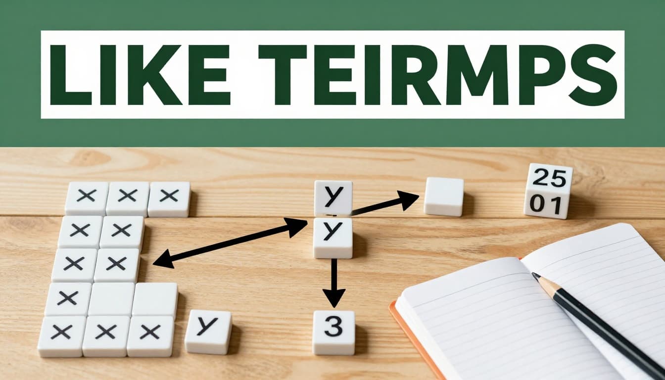 Grouped algebraic tiles illustrate combining like terms, with an arrow from a messy pile to a simplified expression on a wooden desk.