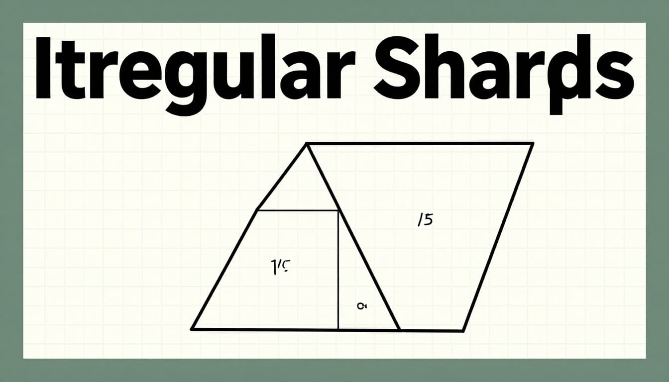 An L-shaped irregular figure divided into 10x5 and 5x3 rectangles with traced perimeter and combined areas, set against graph paper with a bold 'Irregular Shapes' headline on a dark-green band.