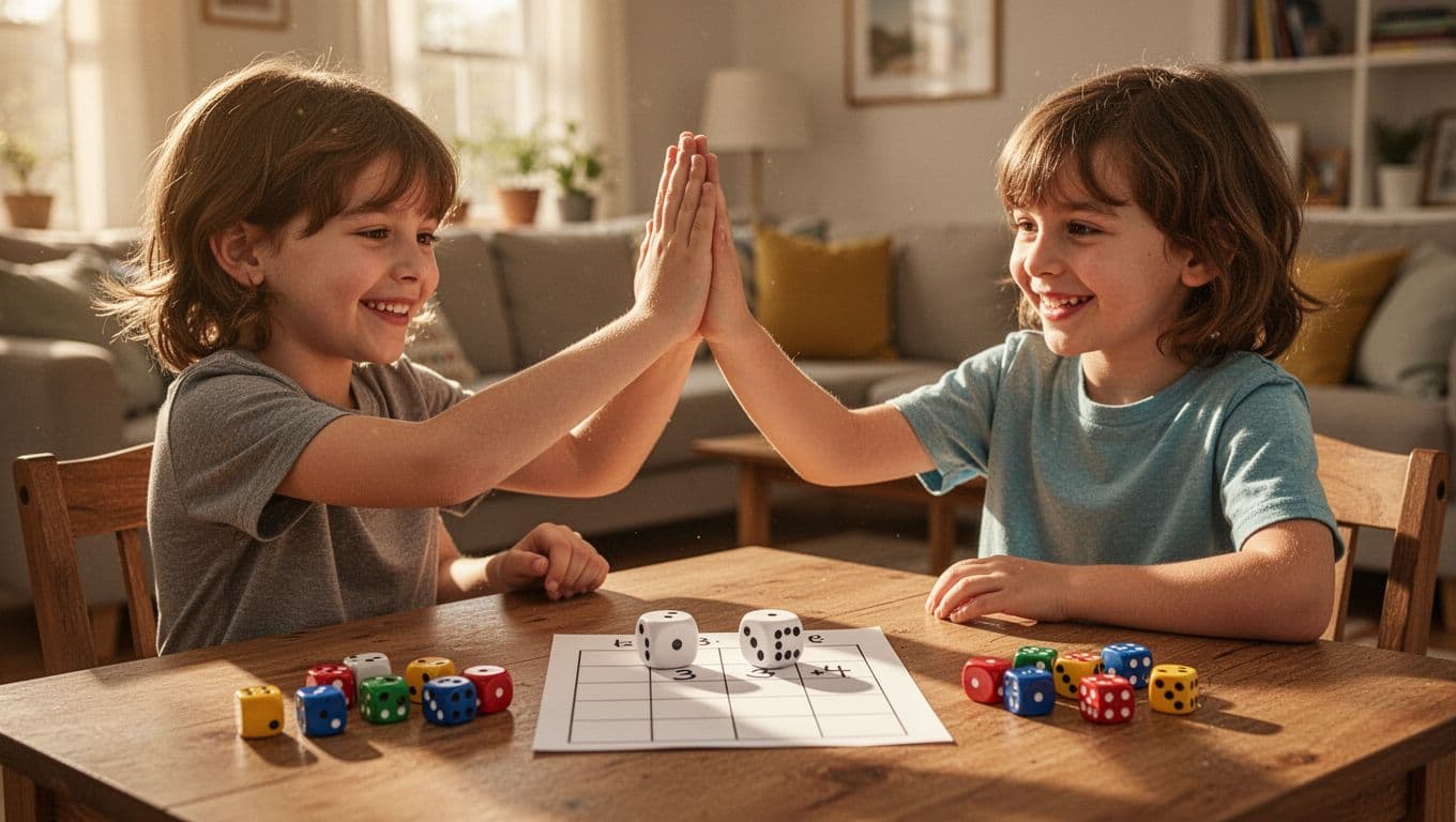 Two kids smiling excitedly and high-fiving loosely at a table after rolling 3 and 4 in a colorful dice addition game, with score sheet in a sunny family living room, warm tones realistic photo, bold 'Math Games' headline on muted dark-green top band.