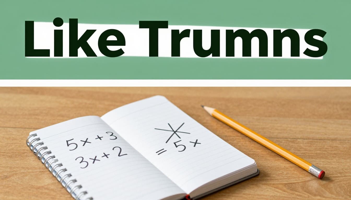 Open notebook on a wooden desk with a pencil nearby, showing a correct simplified algebraic expression like 5x + 3 next to a crossed-out incorrect version like 3x + 2 = 5x, under soft classroom lighting in realistic photo style. Bold 'Like Terms' headline in Title Case on a muted dark-green band at the top.