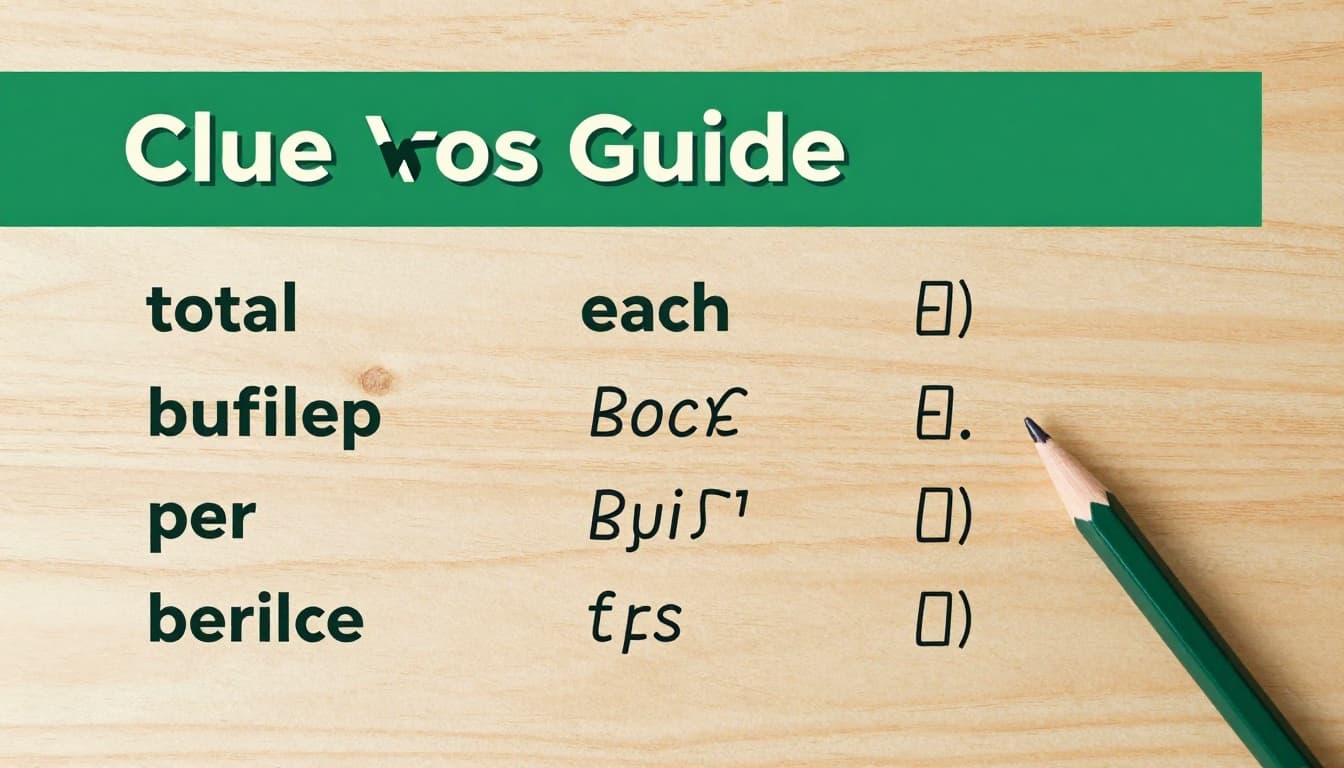 Top-down composition of a clean illustrative table on paper listing math operation clue words such as 'total' for addition, 'difference' for subtraction, 'each' for multiplication, and 'per' for division, with short examples and a nearby pencil on a wooden desk. Bold 'Clue Words Guide' headline in geometric sans-serif on a muted dark-green top band, soft lighting, high contrast, no people or extra items.