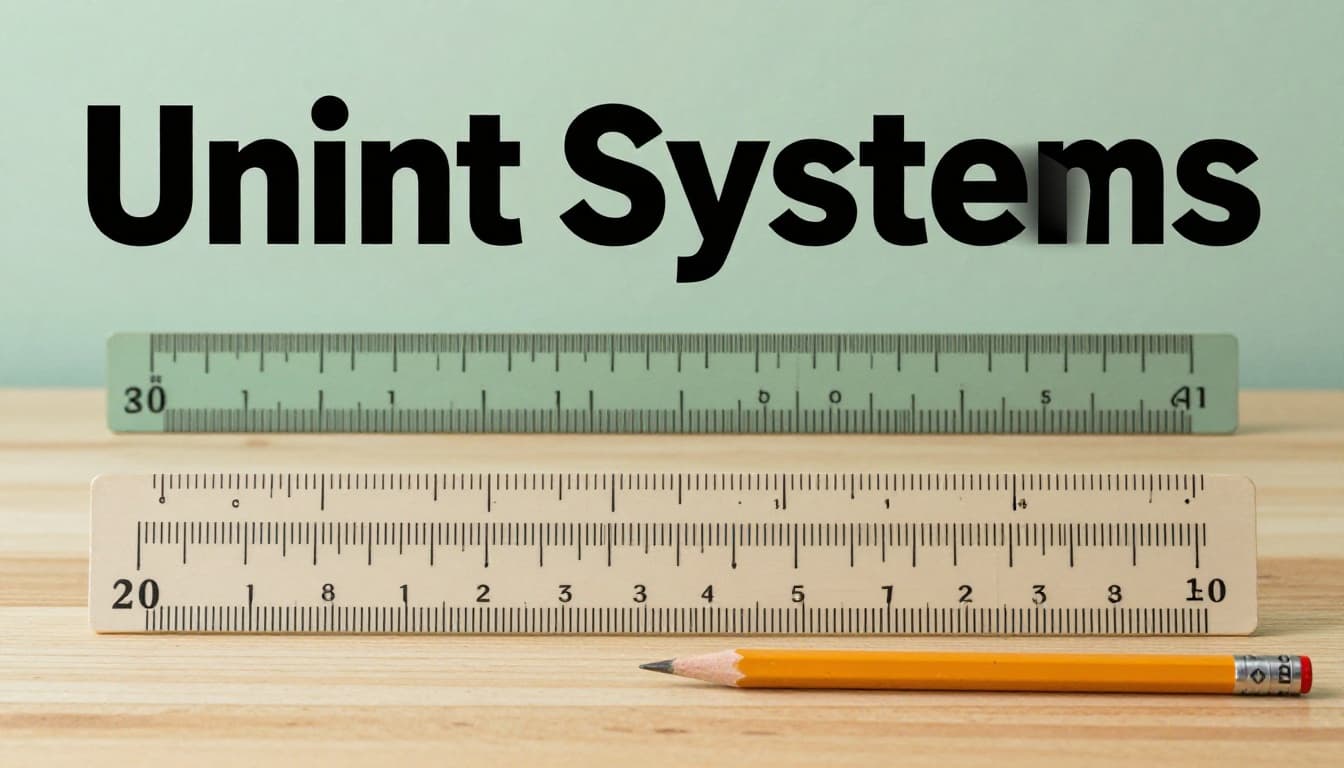 Side-by-side comparison of metric ruler in centimeters and millimeters next to imperial ruler in inches and feet on a wooden desk with pencil, featuring bold 'Unit Systems' headline in dark-green band.