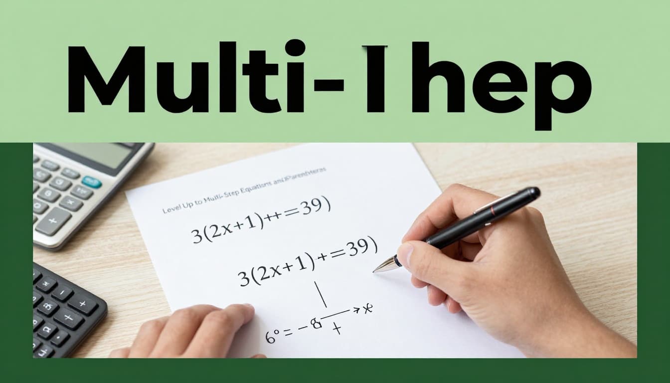 Realistic photo of a desk setup featuring a complex multi-step algebraic equation like 3(2x+1)+x=-39 on paper with partial solving steps shown, a calculator prop nearby, illuminated by soft desk lamp light, and a bold 'Multi-Step' headline in Montserrat Black on a muted dark-green top band.