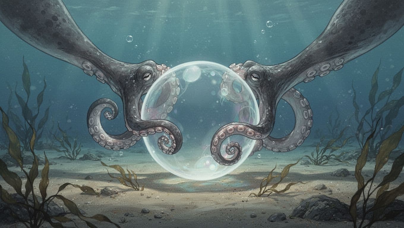 Two flexible octopus tentacles extend from off-frame, grasping a large glowing translucent orb containing the number 10 on a sandy underwater ocean floor with seaweed, under dim blue-green lighting.