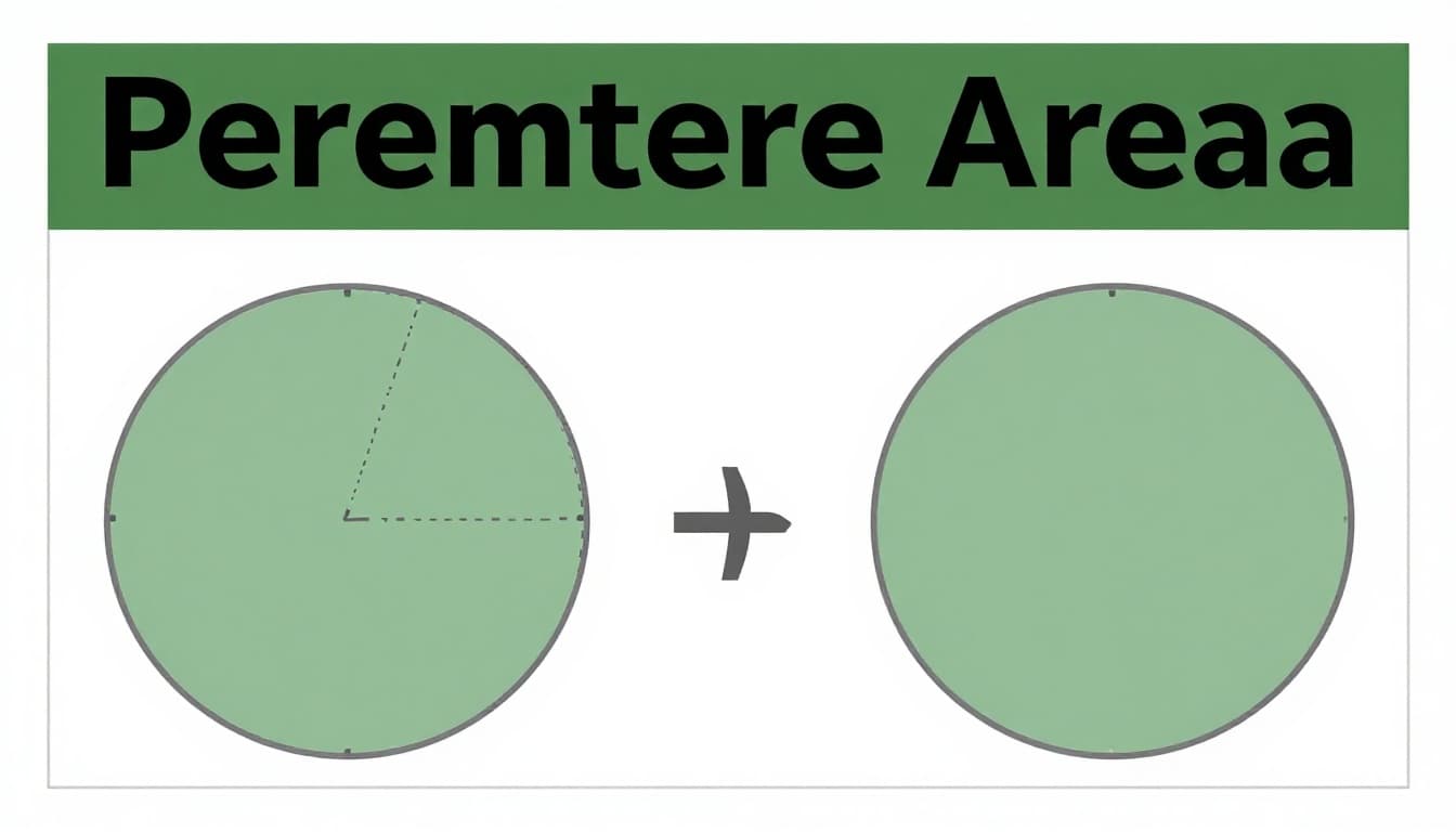 Simple diagram illustrating perimeter as polygon outline and shaded area inside, with circle showing circumference and πr² formula. Bold 'Perimeter Area' headline in muted dark-green top band, clean editorial style without labels or watermarks.