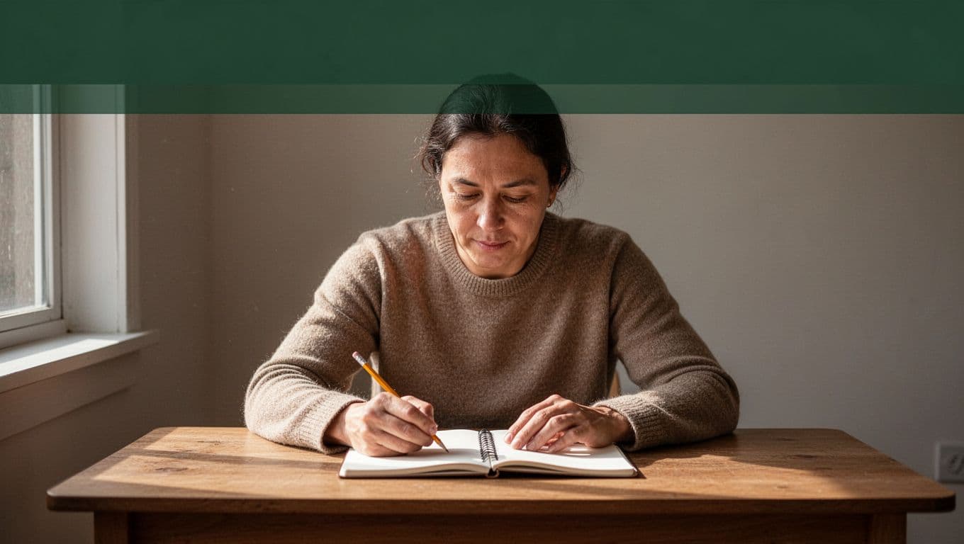 Thoughtful adult at simple wooden desk in home office, open notebook with pencil, realistic photo under 'Pinpoint Gaps' headline in dark-green band.