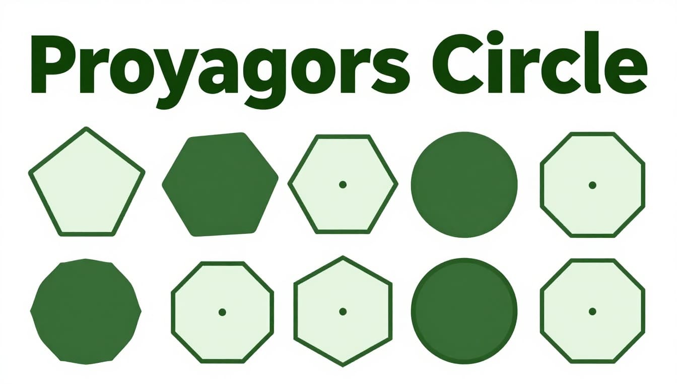 Neatly grouped illustrations of a pentagon house, hexagon honeycomb, octagon stop sign, and coin circle with center radius under a bold 'Polygons Circle' headline in dark-green band.