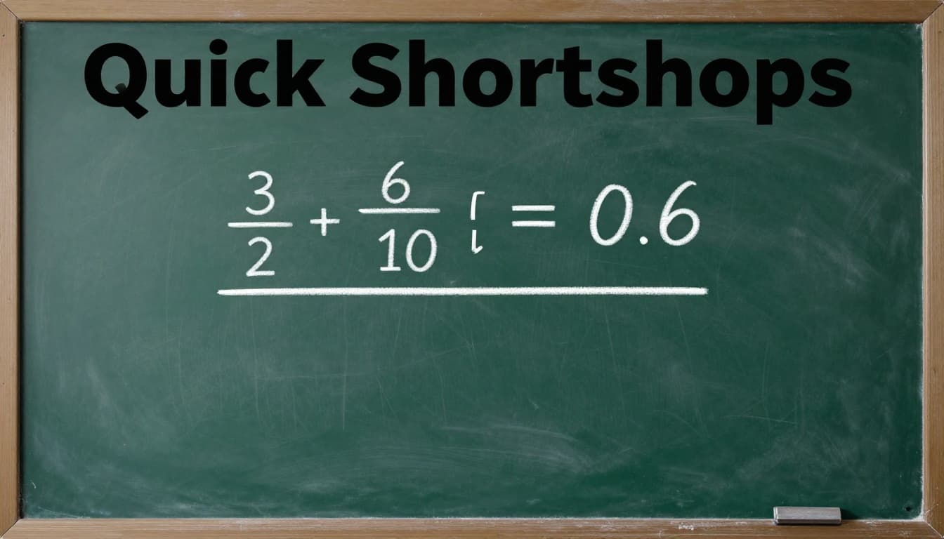 Clean chalkboard-style illustration of the powers of 10 shortcut converting 3/5 to 6/10 = 0.6 by multiplying by 2/2, with 'Quick Shortcuts' header in muted dark-green band.