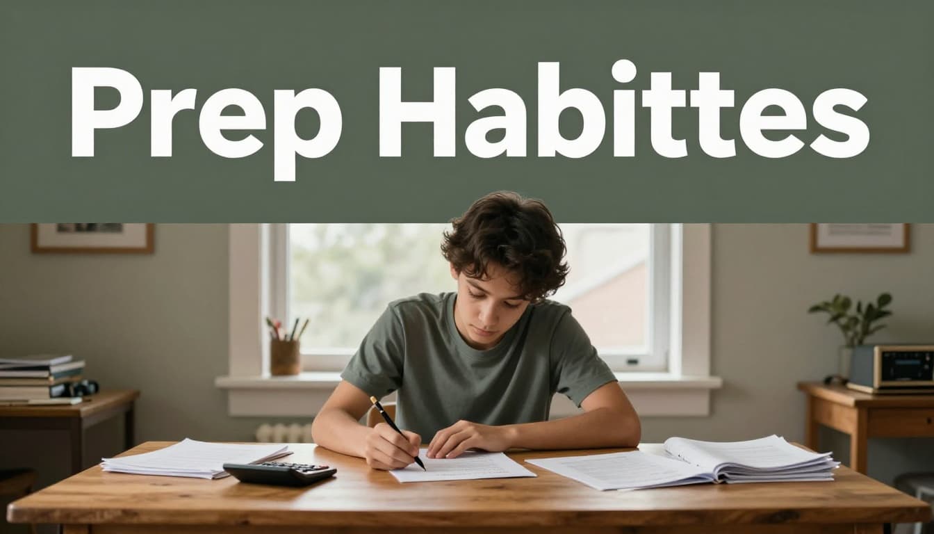 A focused student sits at a wooden desk in a quiet home study room, practicing past math exams using papers, calculator, and pencil under soft natural window light. Bold 'Prep Habits' headline in a muted dark-green band at the top of the image.