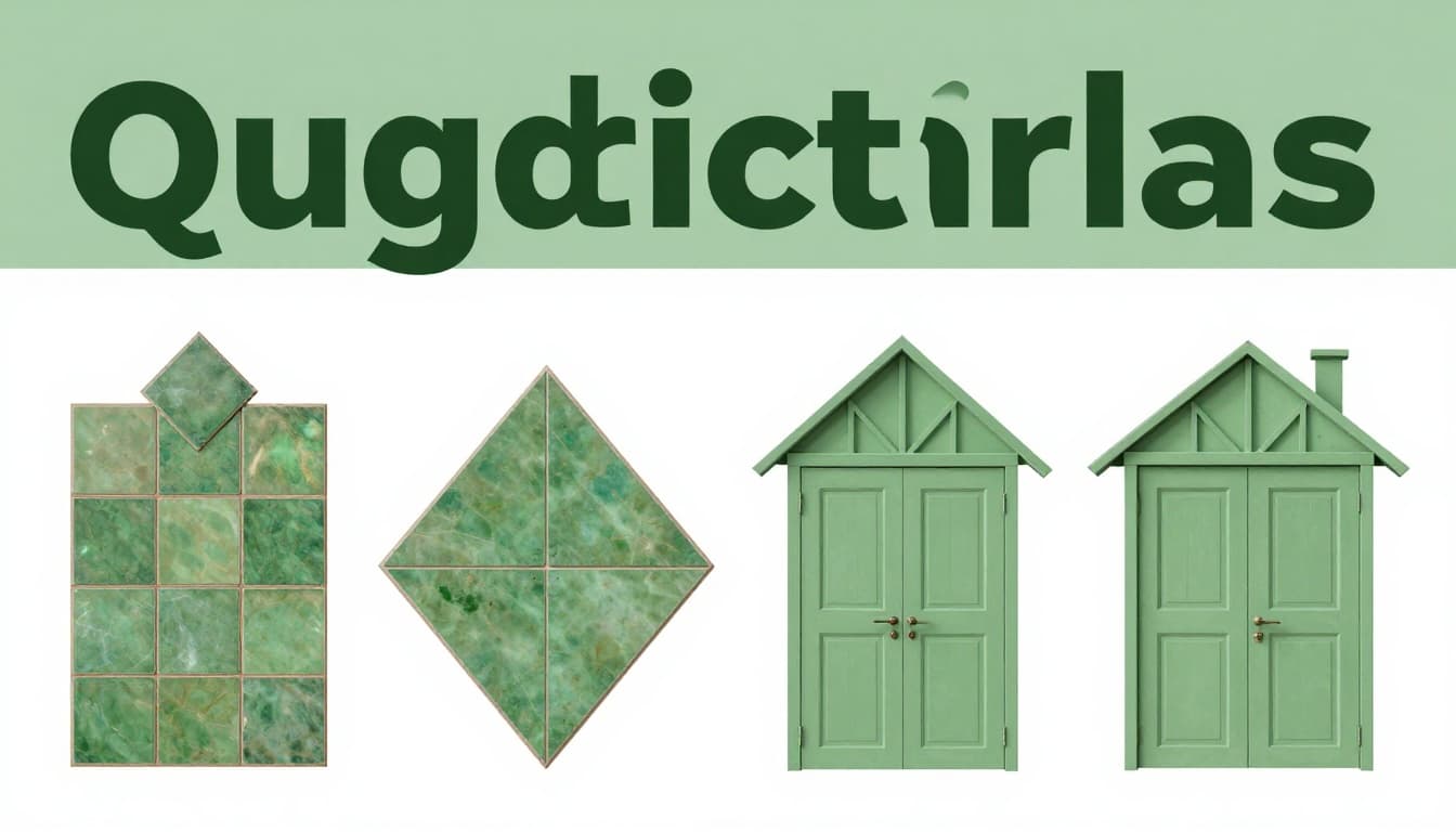 Clear layout of quadrilaterals using everyday objects: square tile, rectangle door, rhombus diamond, parallelogram field, trapezoid roof, with bold 'Quadrilaterals' headline in muted dark-green band.
