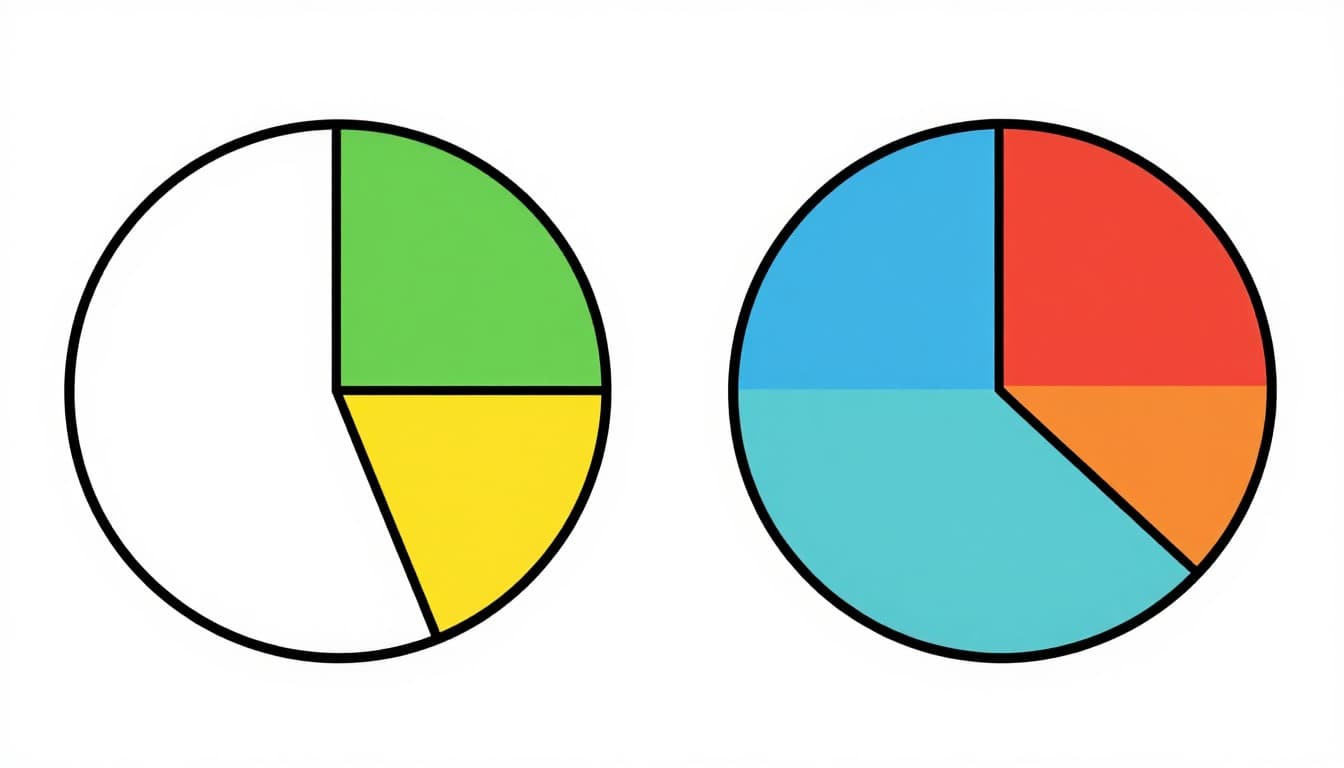 A circle divided into four equal parts with one shaded section for 1/4, beside a circle divided into two equal parts with one shaded for 1/2. Simple flat design on white background with bright daylight lighting.
