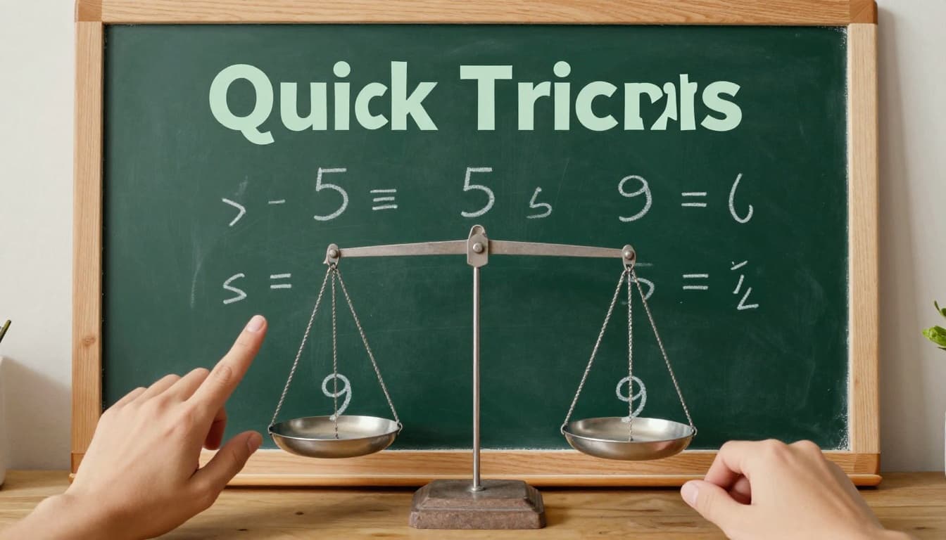 Realistic photo of multiplication shortcuts using fingers for 9s and balancing scales for doubling/halving on a wooden table with chalkboard equations, warm indoor lighting, headline 'Quick Tricks'.