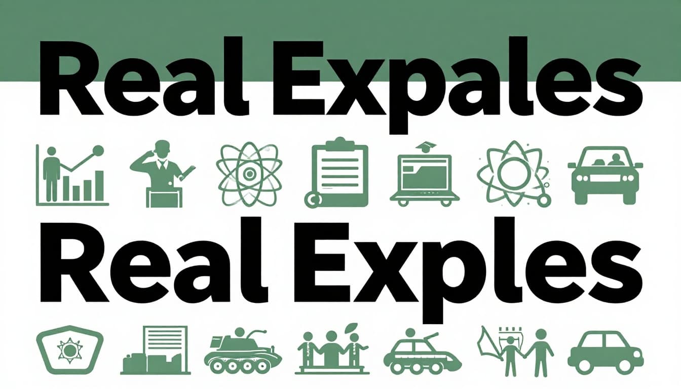 A balanced grid composition of icons showing diverse real-life scenes like atoms, business charts, cars, tanks, and crowds in a subtle neutral workshop background, topped with a bold 'Real Examples' headline on a muted dark-green band.