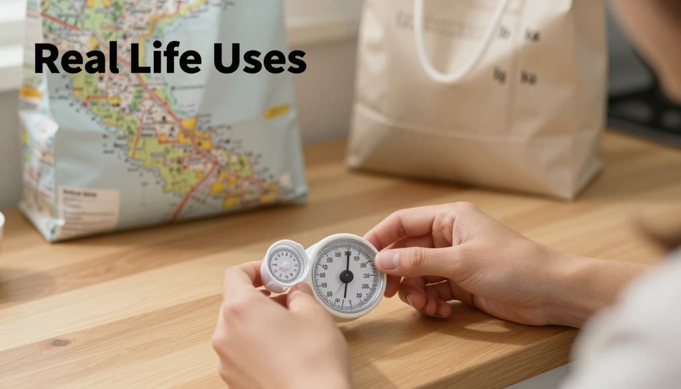 A person in a simple kitchen counter under warm natural light measures ingredients on a scale showing grams with a cup nearby; blurred background includes a travel map marked with miles and km, and a shopping bag with lb and kg labels.