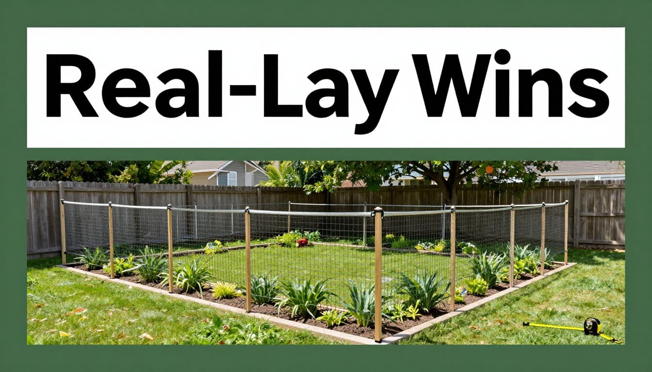 Real-life backyard fence enclosing a rectangular garden plot, with a tape measure visibly marking measurements in a simple outdoor daylight scene, branded with bold 'Real-Life Wins' headline on a dark-green band.