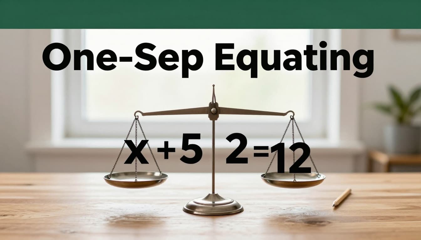Realistic close-up of a balance scale on a wooden table illustrating the equation x+5=12 with adjusting numbers under natural window light, topped by a bold 'One-Step Equations' headline on a muted dark-green band.