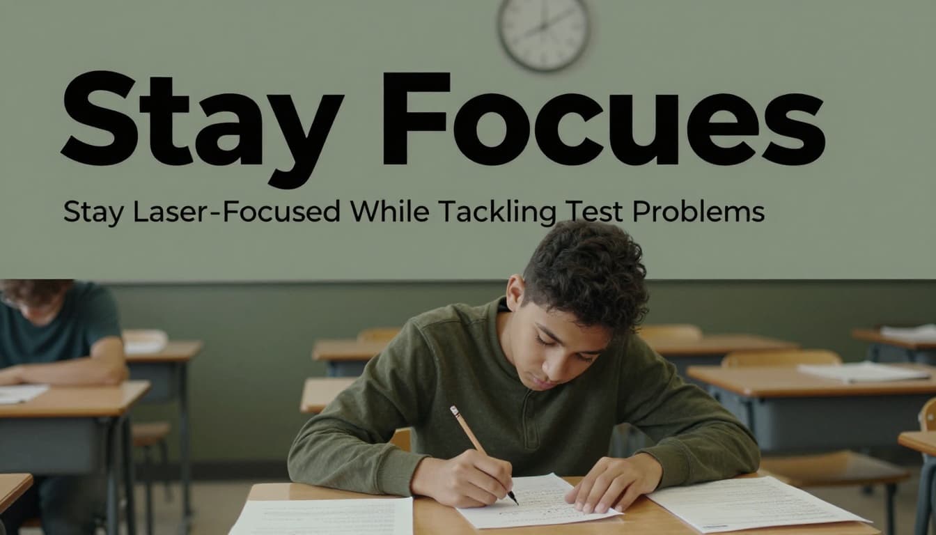 A concentrated student sits at an exam desk in a classroom, carefully reading and underlining key words on a math question with a pencil, under a bold 'Stay Focused' headline.