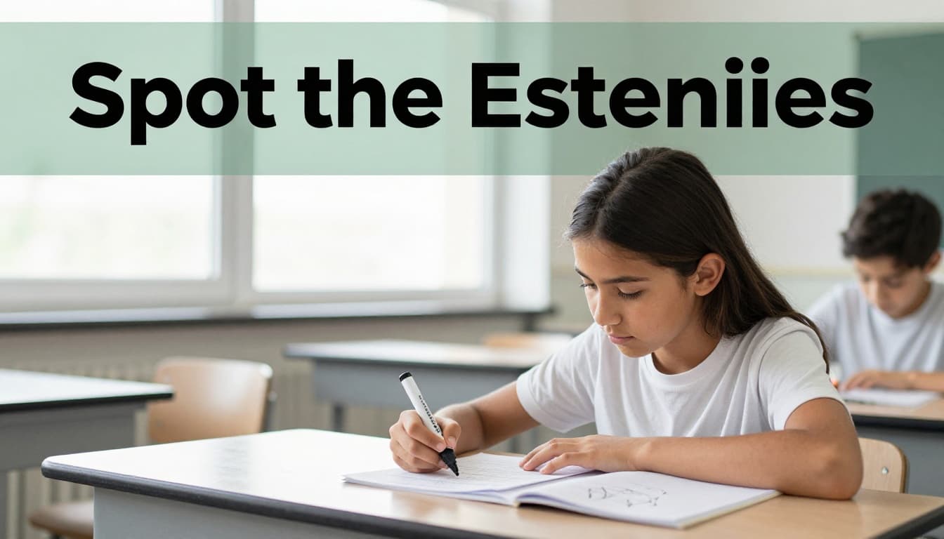 A focused middle school student at a desk in a bright classroom highlights key numbers and the question in a math word problem using a highlighter, with a notebook nearby and natural daylight illuminating the scene. Bold headline 'Spot the Essentials' in a muted dark-green band at the top.