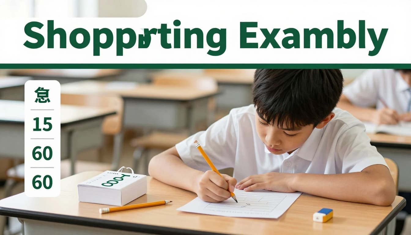 A focused student solves a shopping word problem on paper, grouping three shirts, marking prices, drawing simple bars for multiplication, and calculating a total of 60 dollars on a desk with pencil and eraser. Classroom background blurred, realistic photo with warm lighting, branded with bold 'Shopping Example' headline on muted dark-green band.