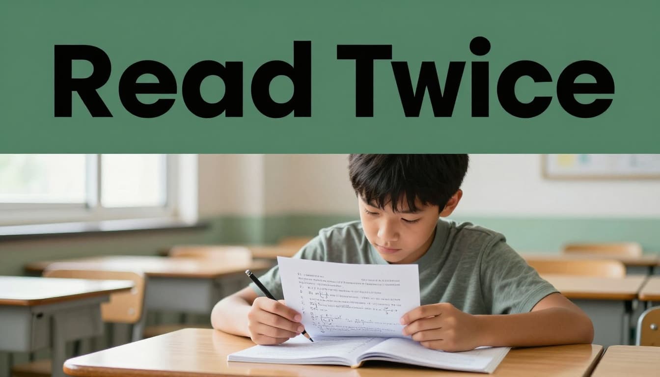 A focused middle school student in a sunny classroom carefully reads and underlines key parts of a math word problem with a pencil, under the bold headline 'Read Twice' in a dark-green band at the top.