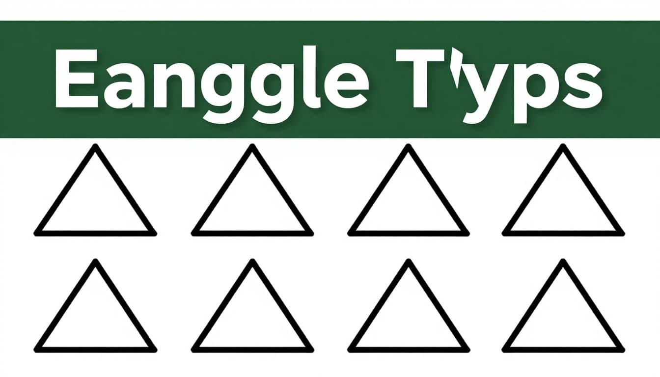Side-by-side illustration of equilateral (pizza slice), isosceles (roof), scalene (mountain), and right triangles in a bold branded editorial style with a dark-green top band headline.