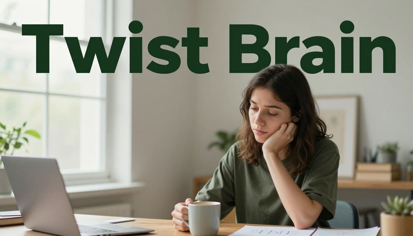 A person in a cozy home office ponders a math riddle on a notepad with hand on chin and coffee mug nearby, under natural window light in illustrative style. Bold 'Twist Brain' headline in high-contrast geometric sans-serif on a muted dark-green band at the top.