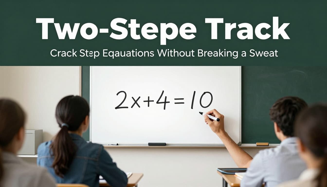 A realistic photo of a classroom whiteboard displaying a step-by-step solution to a two-step equation like 2x+4=10, with a bold 'Two-Step Crack' headline in Montserrat Black font on a muted dark-green top band, marker resting on desk, soft lighting, minimal background.