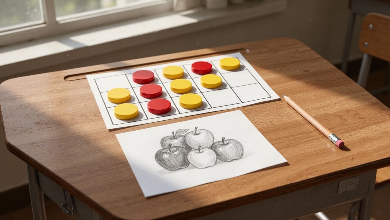 Photorealistic ten frame visual aid on white paper with red and yellow counters in 6 spaces plus 4 to make 10, next to simple apple group drawings, on a school desk with pencil and bright classroom window light. Bold 'Visual Tools' headline in title case geometric sans-serif on muted dark-green top band, high contrast clean style, landscape orientation.