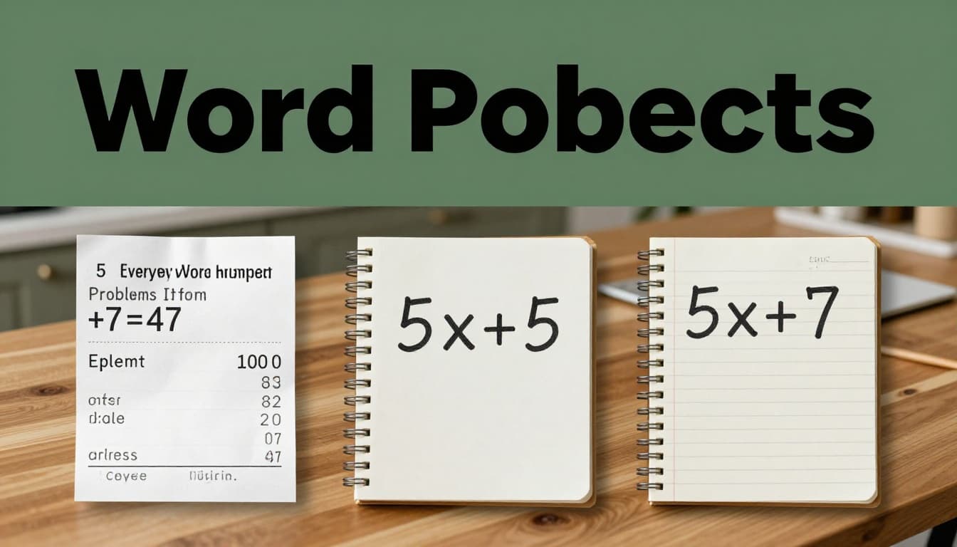 Bold editorial style with 'Word Problems' headline on muted dark-green band, showing a shopping receipt with word problem '5 times number +7=47' and notebook translating to 5x+7=47 on kitchen table, warm natural light, realistic no people.
